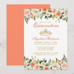 Quinceanera Gold Crown Coral Floral Invitation