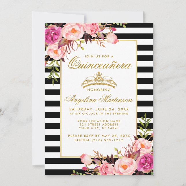 Quinceanera Gold Crown Pink Floral Stripes Invitation (Front)
