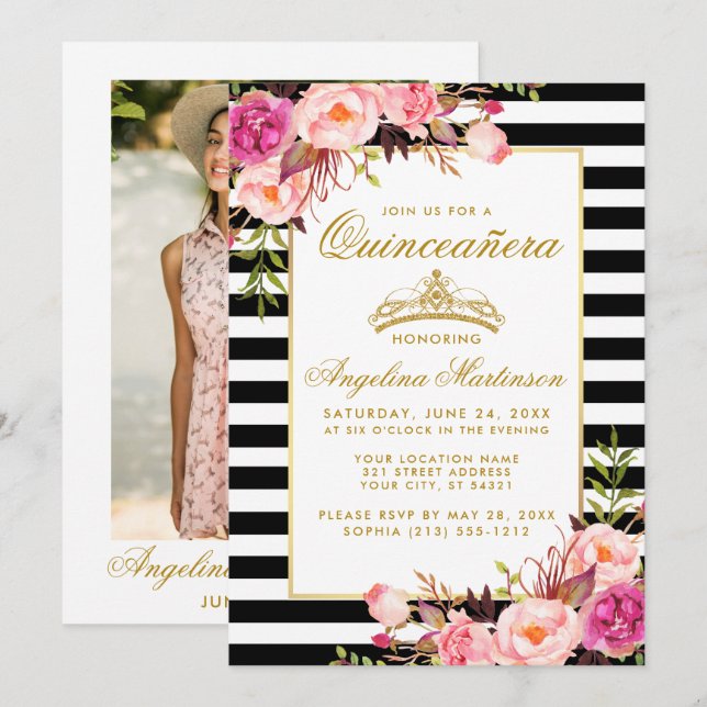 Quinceanera Gold Crown Pink Floral Stripes Photo Invitation (Front/Back)