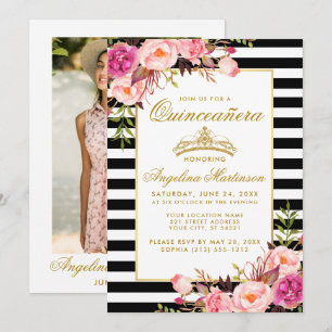 Quinceanera Gold Crown Pink Floral Stripes Photo Invitation