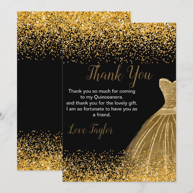 Quinceanera Gold Dress Faux Glitter Thank You Card (Front/Back)