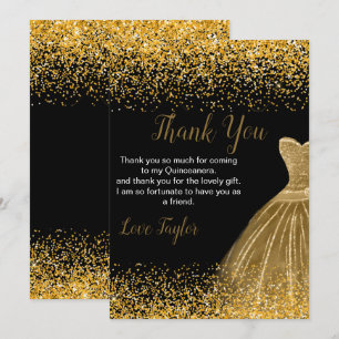 Quinceanera Gold Dress Faux Glitter Thank You Card