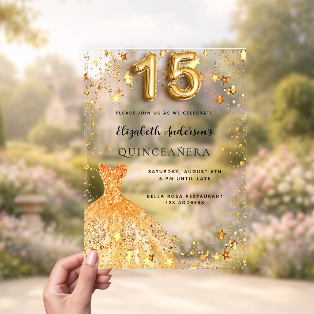 Quinceanera gold dress stars clear acrylic invitations (Creator Uploaded)