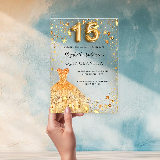 Quinceanera gold dress stars clear acrylic invitations (Creator Uploaded)