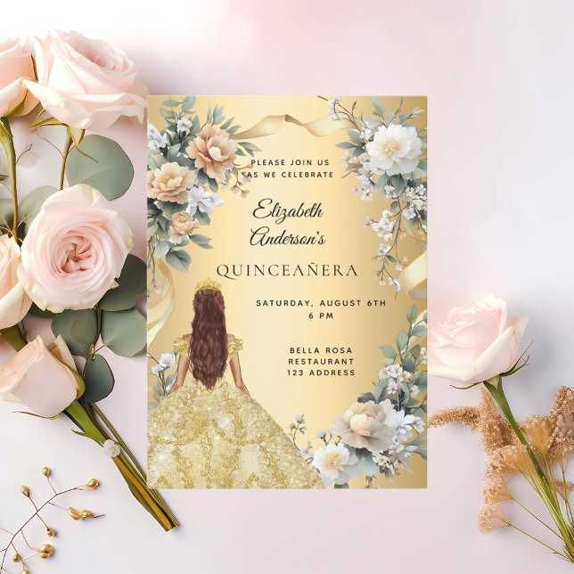 Quinceanera gold dress yellow florals invitation (Creator Uploaded)