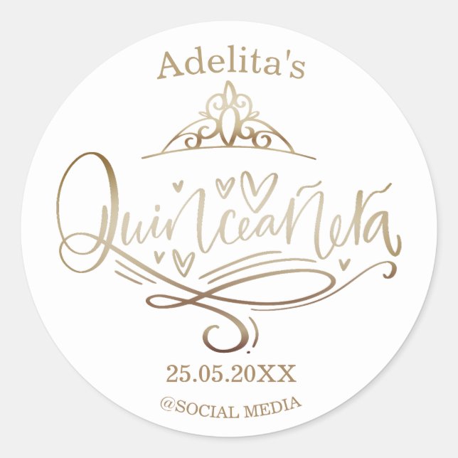 Quinceañera gold effect 15th birthday classic round sticker (Front)