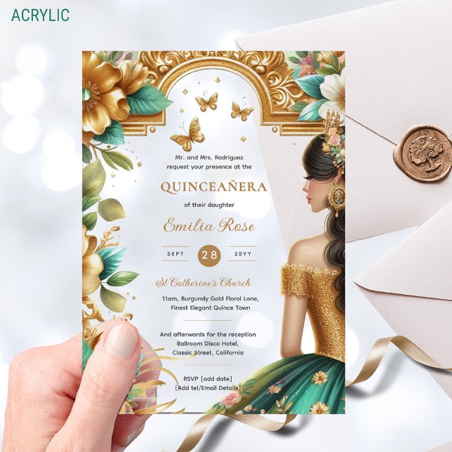 Quinceañera Gold Emerald Green Roses Dress Quince Acrylic Invitations (Creator Uploaded)