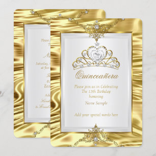 Quinceanera Gold Faux Foil White Pearl Tiara Invitation
