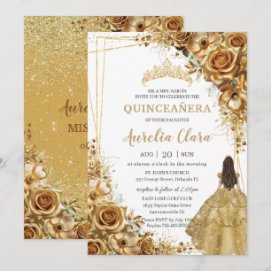 Quinceañera Gold Flowers Floral Princess Dress Invitation