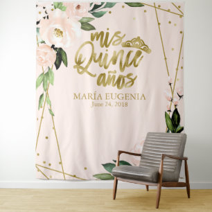 Quinceanera Gold Foil Blush Pink Floral Backdrop Tapestry