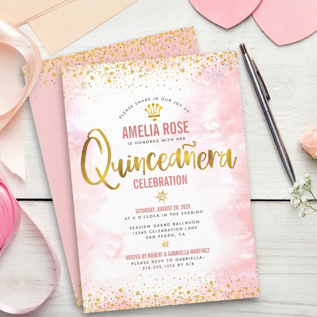 Quinceañera Gold Foil Blush Pink Watercolor Chic Invitation (Creator Uploaded)