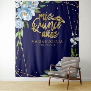 Quinceanera Gold Foil Dark Blue Floral Backdrop Tapestry