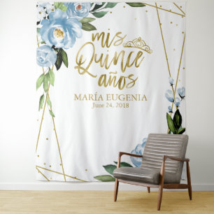 Quinceanera Gold Foil Dusty Blue Floral Backdrop Tapestry