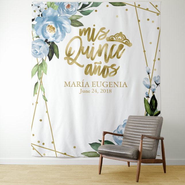 Quinceanera Gold Foil Dusty Blue Floral Backdrop Tapestry (In Situ)