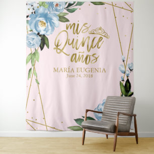 Quinceanera Gold Foil Pink Blue Floral Backdrop Tapestry