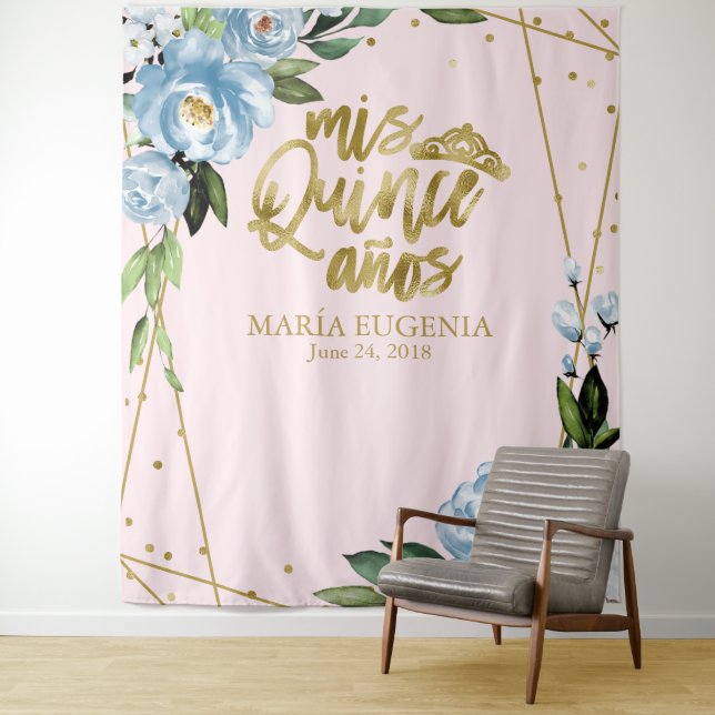 Quinceanera Gold Foil Pink Blue Floral Backdrop Tapestry (In Situ)