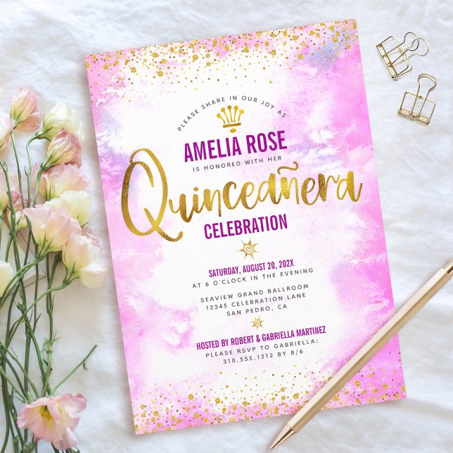 Quinceañera Gold Foil Pink Watercolor Elegant Chic Invitation (Creator Uploaded)