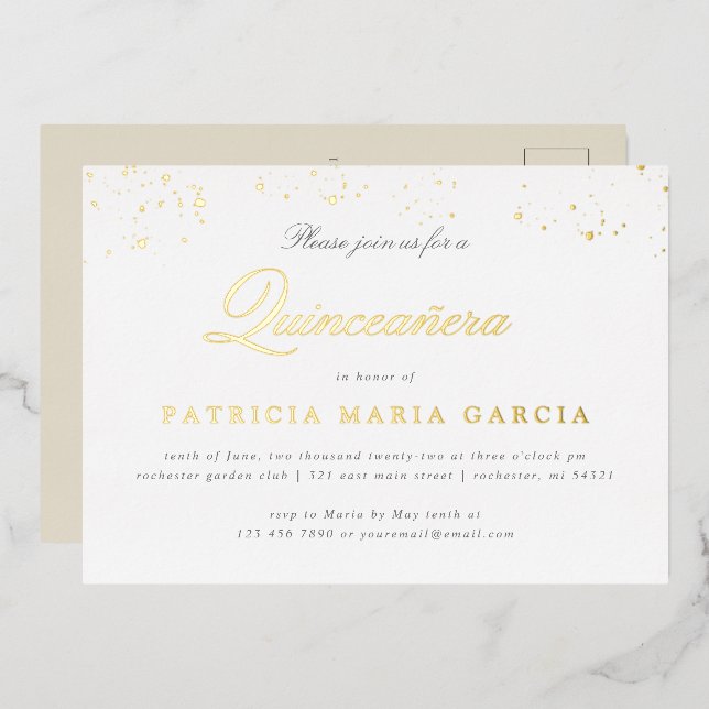Quinceanera gold foil postcard invitation (Front/Back)