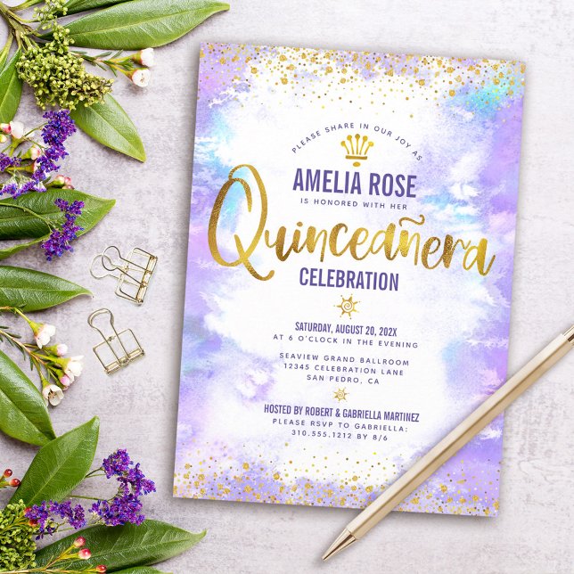 Quinceañera Gold Foil Purple Watercolor Elegant Invitation (Creator Uploaded)