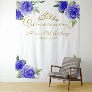 Quinceanera Gold Foil Tiara Blue Floral Backdrop Tapestry