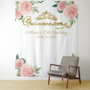 Quinceanera Gold Foil Tiara Pink Floral Backdrop Tapestry