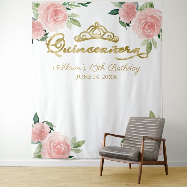 Quinceanera Gold Foil Tiara Pink Floral Backdrop Tapestry (In Situ)