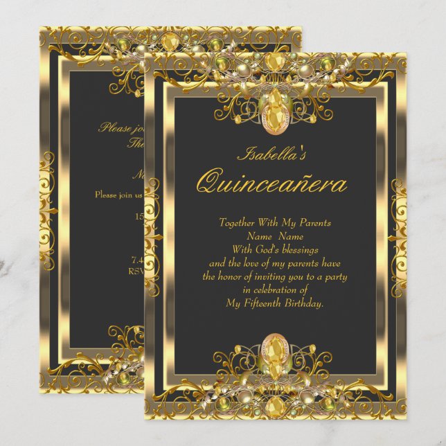 Quinceanera Gold Gems Black 15th Birthday Invitation (Front/Back)