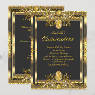 Quinceanera Gold Gems Black 15th Birthday Invitation