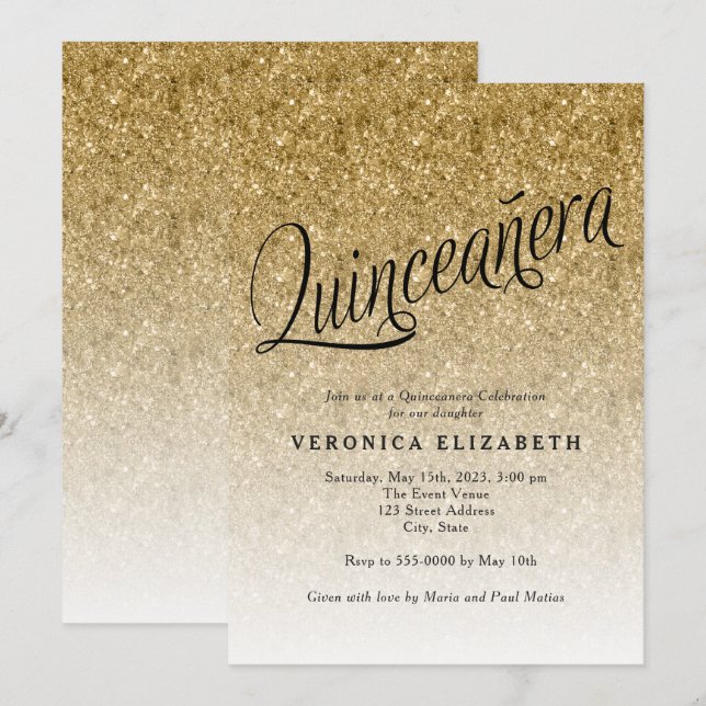 Quinceanera Gold Glitter Birthday Invitation (Front/Back)