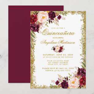 Quinceanera Gold Glitter Burgundy Floral Invite B