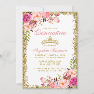 Quinceanera Gold Glitter Crown Pink Floral Invitation