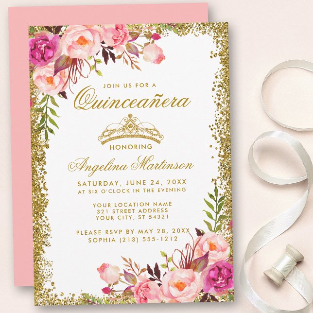 Quinceanera Gold Glitter Crown Pink Floral Invitation (Customize to change text color, style, add text & photos to back or change color of back of card.)