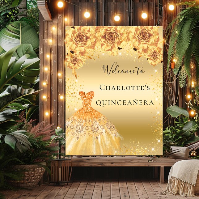 Quinceanera gold glitter dress florals welcome poster (Creator Uploaded)