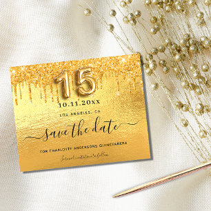 Quinceanera gold glitter drip save the date card