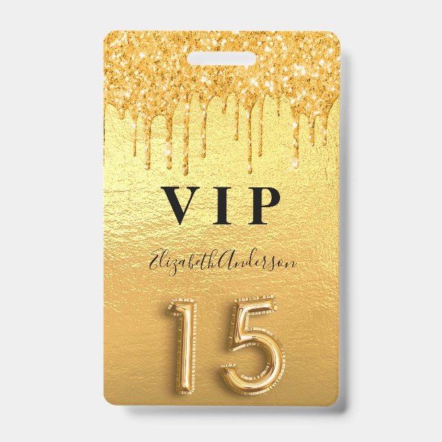 Quinceanera gold glitter drips ID badge (Front)