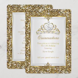 Quinceanera Gold Glitter White Pearl Tiara 2 Invitation