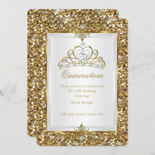 Quinceanera Gold Glitter White Pearl Tiara 2 Invitation