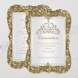 Quinceanera Gold Glitter White Pearl Tiara 2 Invitation