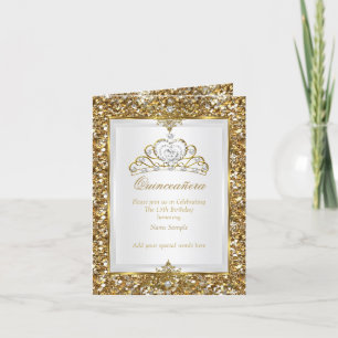 Quinceanera Gold Glitter White Pearl Tiara Photo Invitation