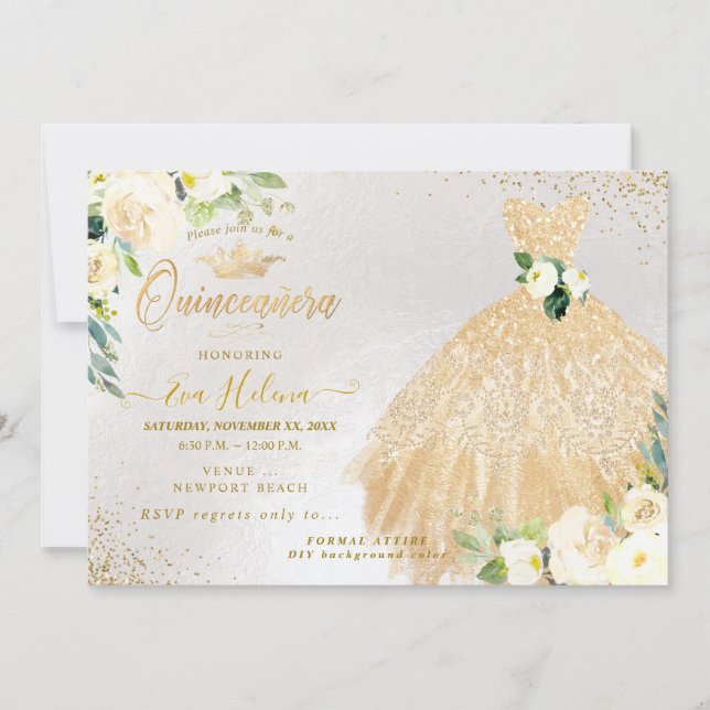Quinceañera, Gold Glitters Gown Cream Roses Invitation (Front)