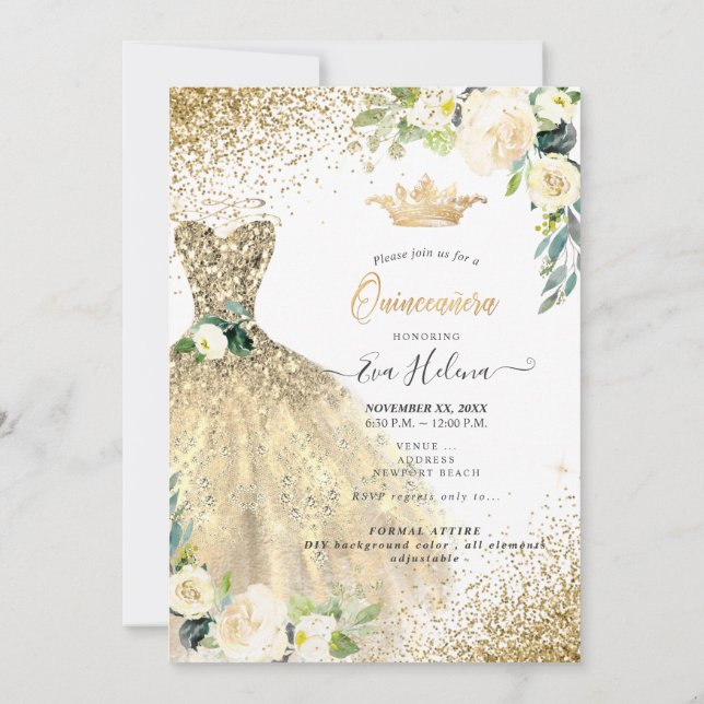 Quinceañera, Gold Glitters Gown Cream Roses Invitation (Back)