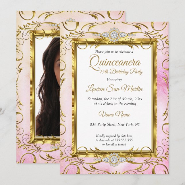 Quinceanera Gold Pink Diamond Photo Birthday Party Invitation (Front/Back)