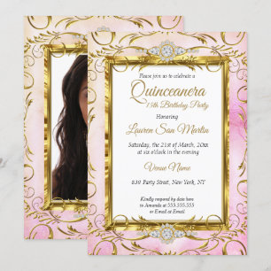 Quinceanera Gold Pink Diamond Photo Birthday Party Invitation