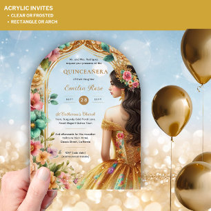 Quinceañera Gold Pink Green Roses Dress Quince Acrylic Invitations