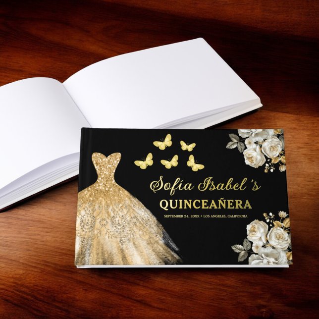 Quinceañera Gold Princess Floral Butterflies Guest Book (Creator Uploaded)