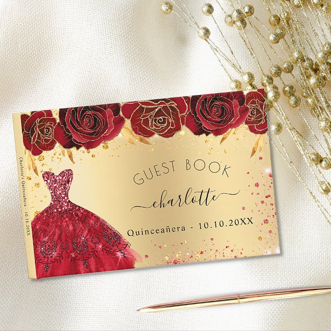 Quinceanera gold red dress flowers glitter guest book (Creator Uploaded)