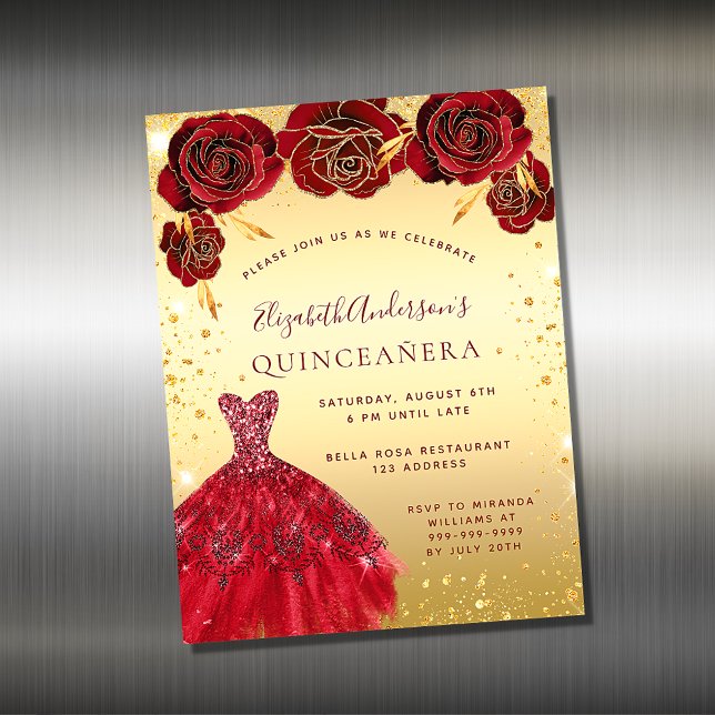 Quinceanera gold red dress invitation magnet (Creator Uploaded)