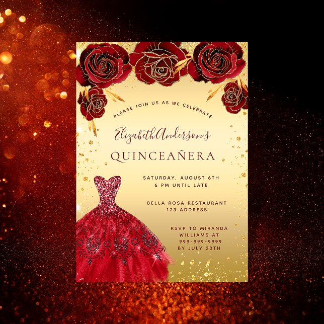Quinceanera gold red glitter dress floral luxury invitation (Creator Uploaded)