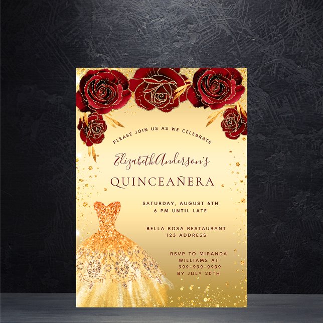 Quinceanera gold red glitter dress florals invitation (Creator Uploaded)