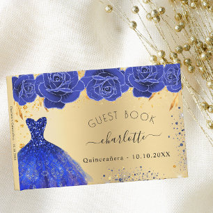 Quinceanera gold royal blue dress flowers glitter guest book